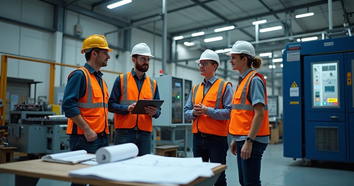 Equipe de fiscalização inspecionando máquina industrial em ambiente fabril 