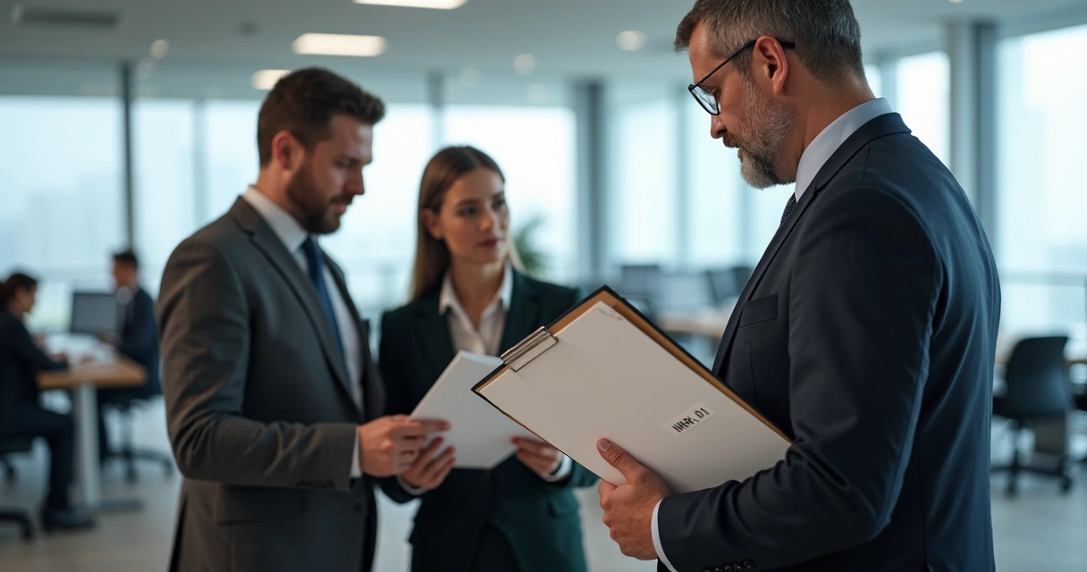 Fiscal do trabalho vistoriando documentos em sala de empresa 