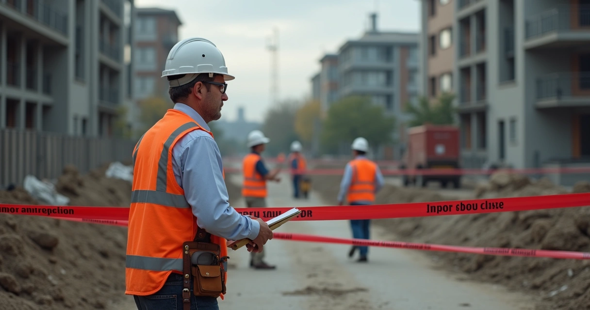 Fiscalização interditando área do canteiro de obras