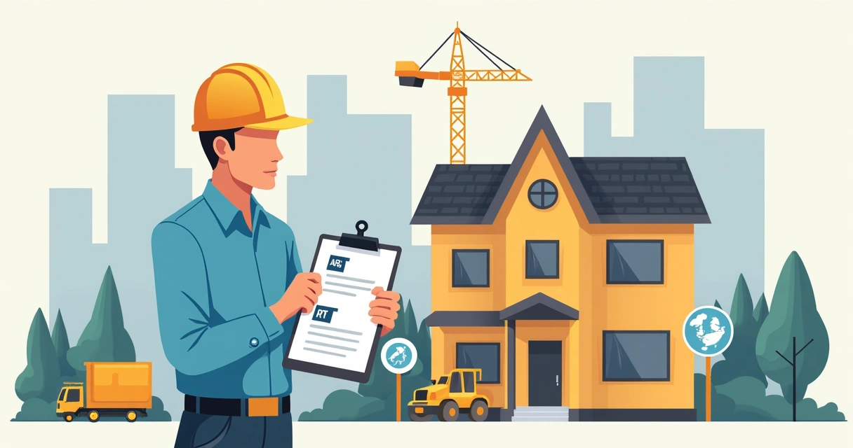 Fiscal vistoriando construção com documentos de responsabilidade técnica em mãos 