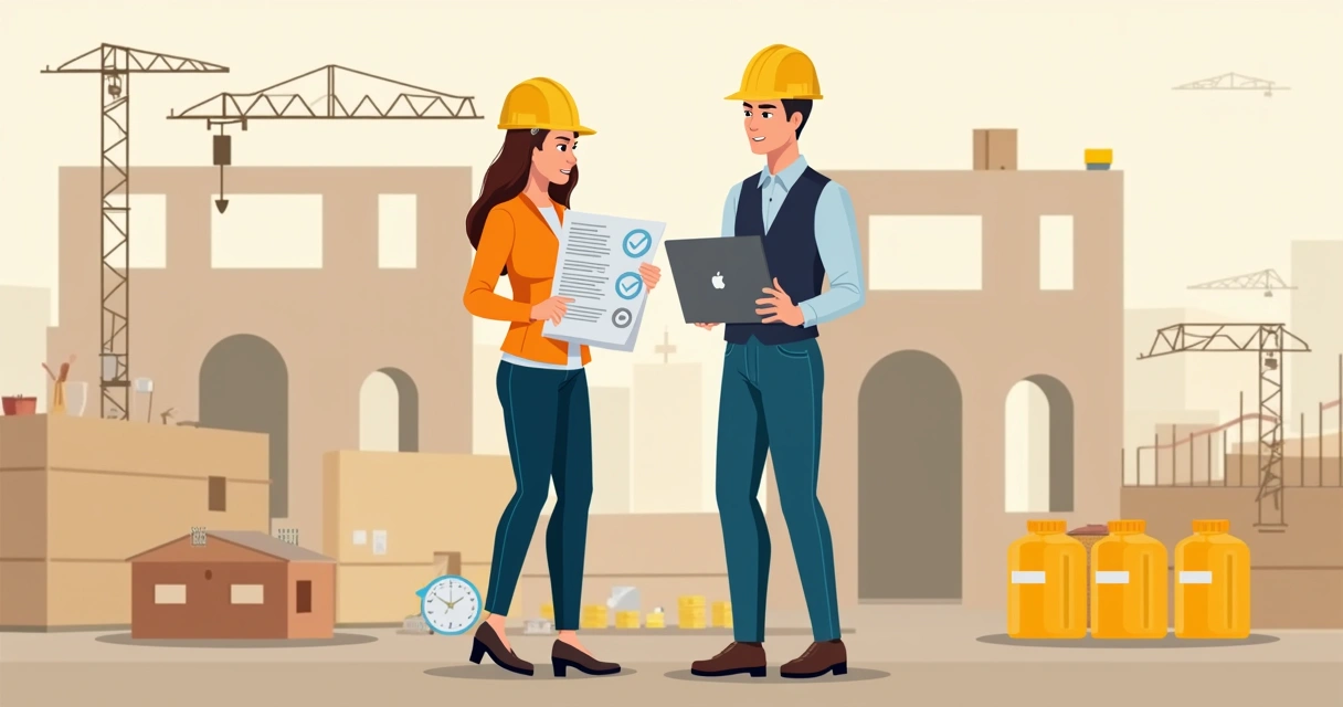 Fiscalização analisando documentos e contratos em obra de construção 