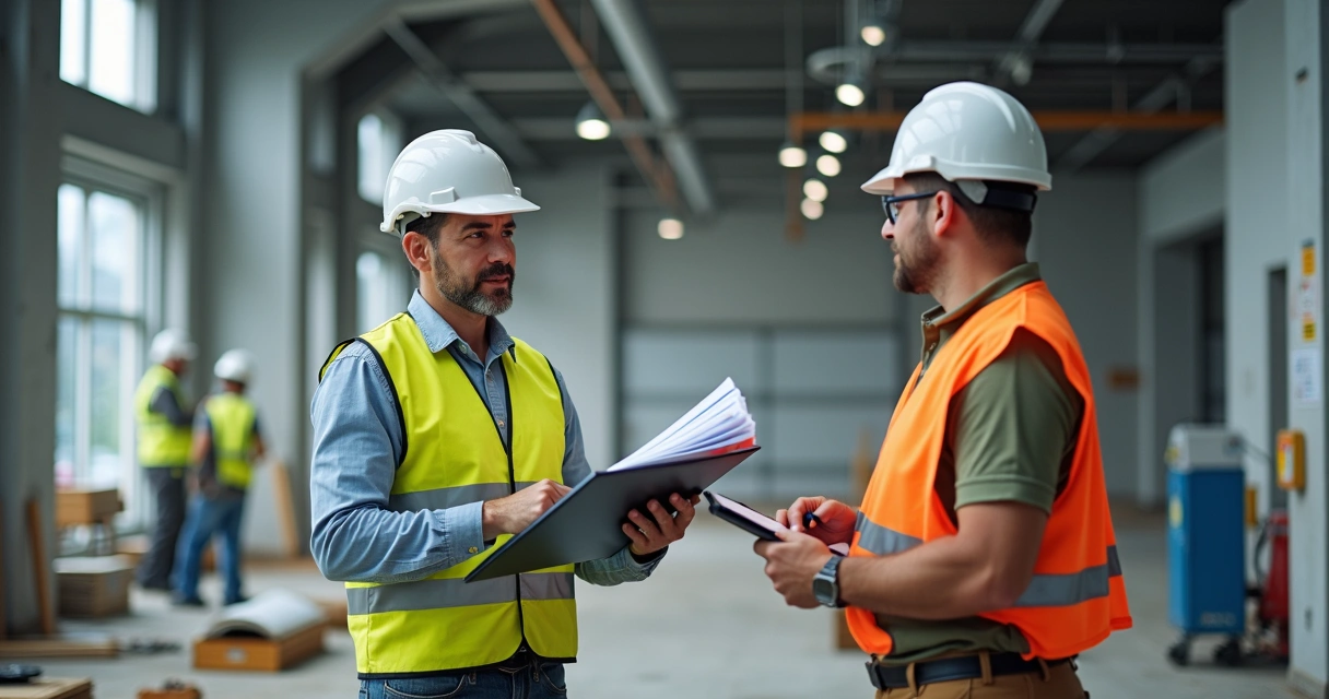 Engenheiro em obra comercial mostrando documentos para fiscal 