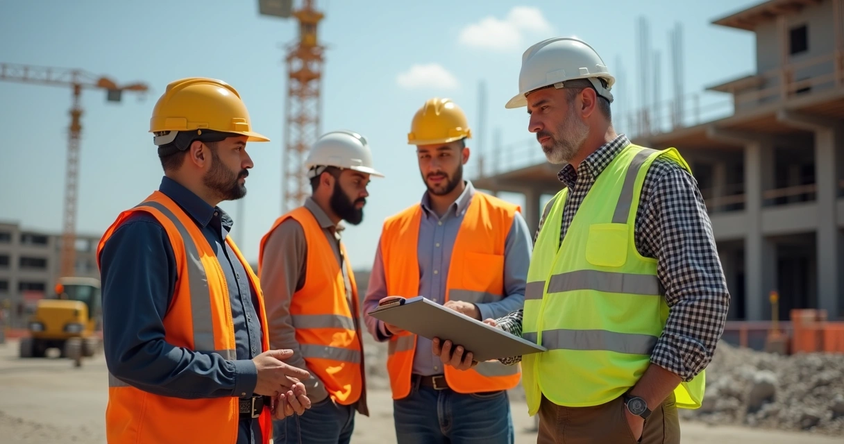 Equipe de fiscalização em obra aplicando penalidade administrativa 