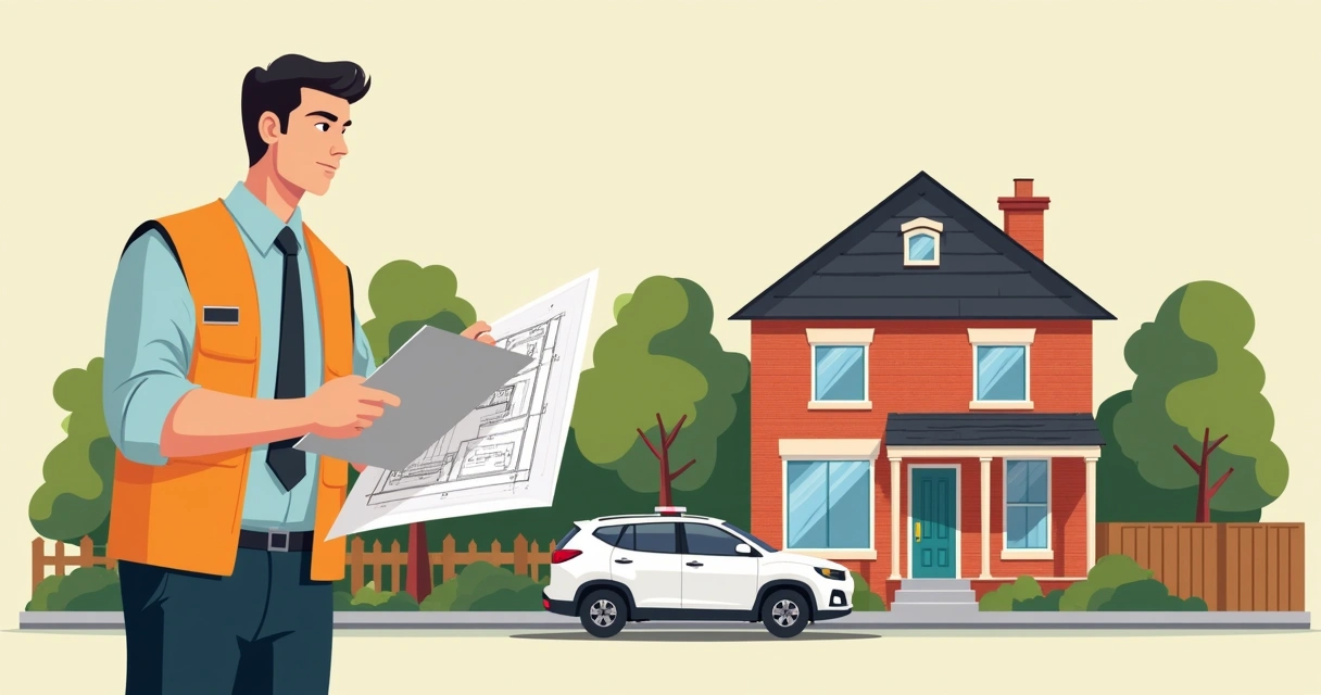 Fiscal da prefeitura analisando imóvel durante vistoria com planta 