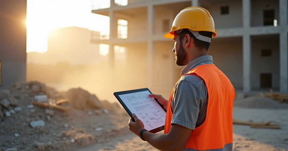 Engenheiro ou arquiteto checando informações em tablet na obra 