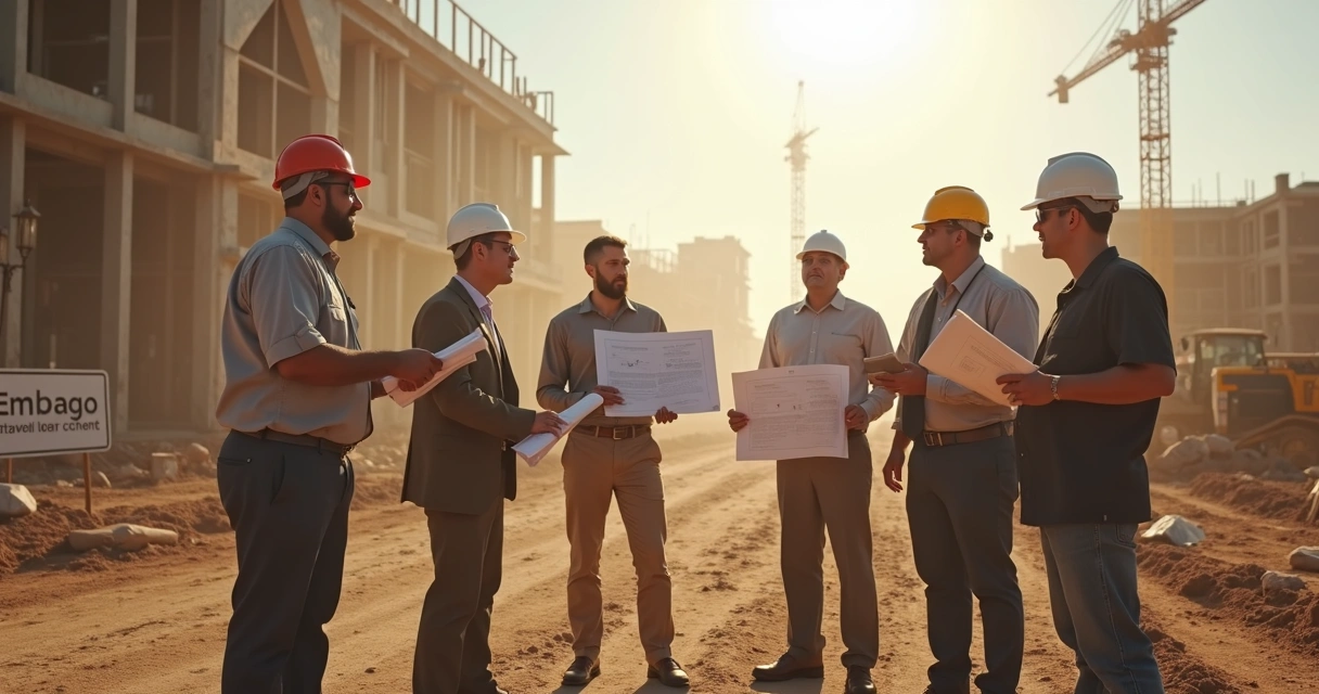 Fiscalização em canteiro de obras com engenheiros verificando documentos 