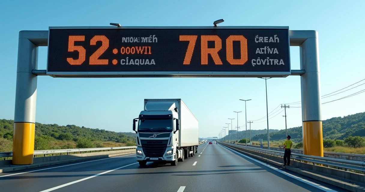 Posto de fiscalização ANTT em rodovia com placa eletrônica e caminhão sendo inspecionado