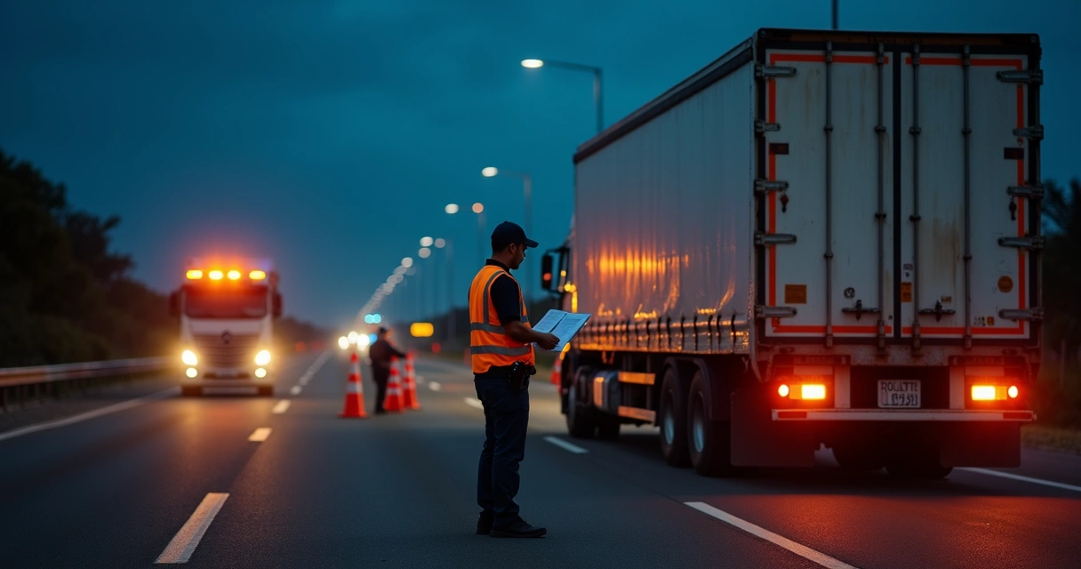Fiscal rodoviário conferindo carga em caminhão parado à noite em operação de combate a roubos 