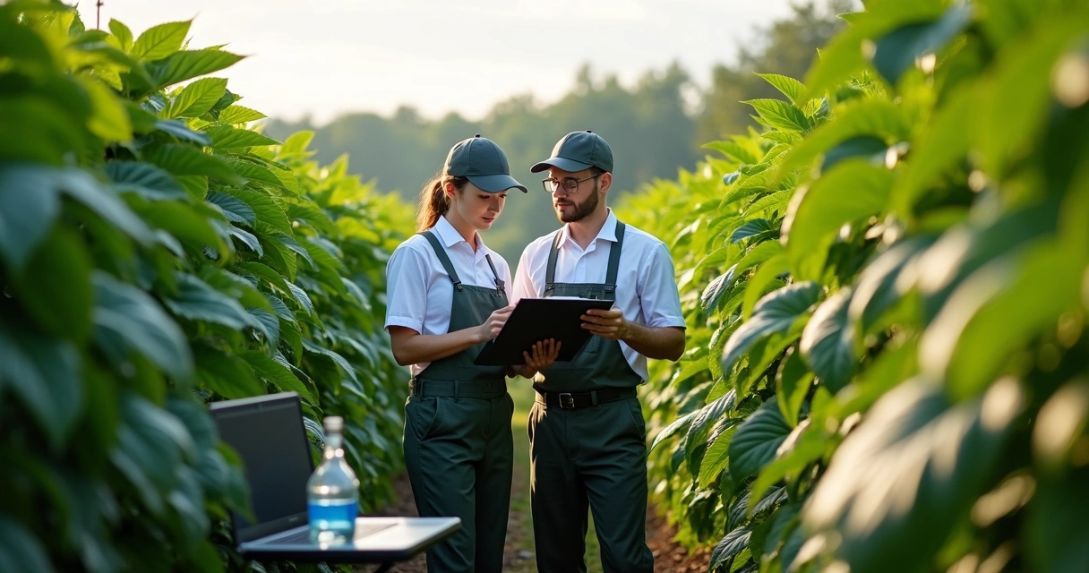 Fiscalização fitossanitária em plantação com técnicos e equipamentos