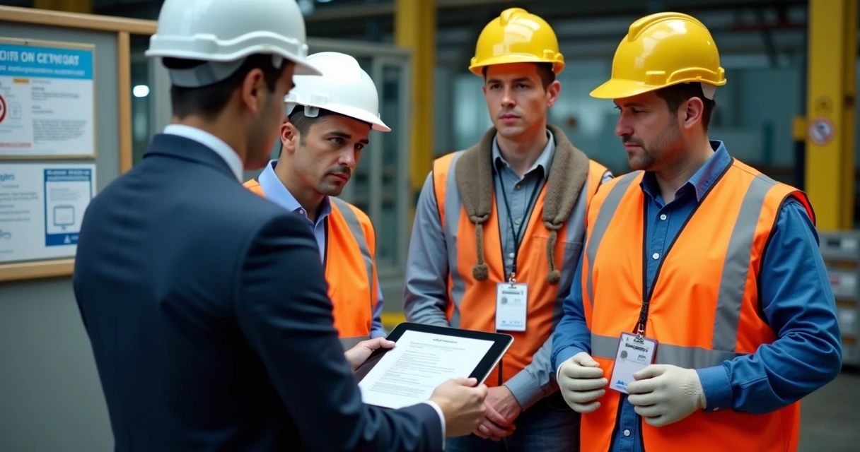 Fiscal parado ao lado de trabalhadores terceirizados, conferindo checklists de segurança 