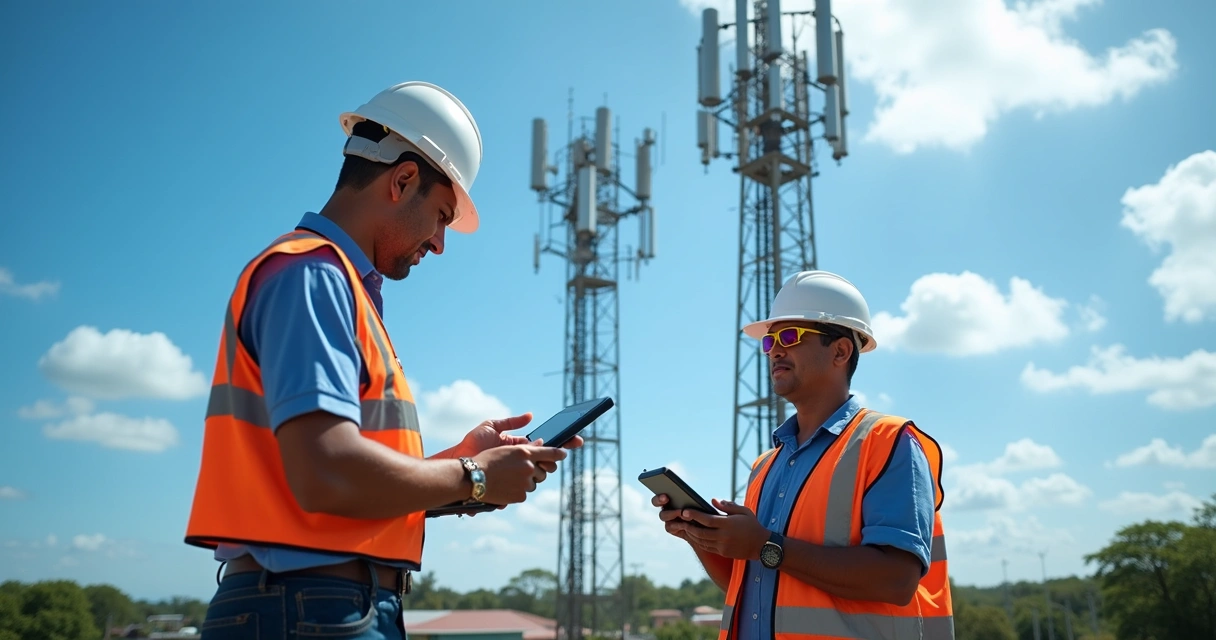 Técnicos analisando antenas de telecomunicação no Rio Grande do Norte, céu aberto ao fundo 