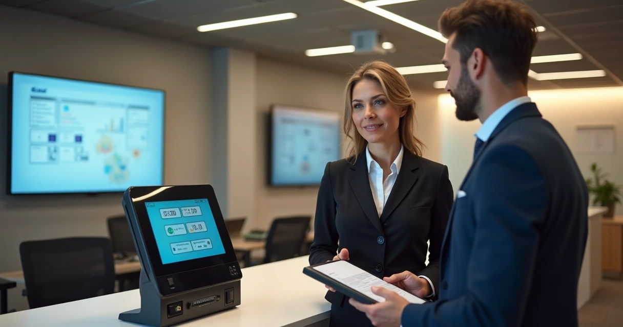 Auditor conversando com funcionário ao lado de equipamentos de ponto