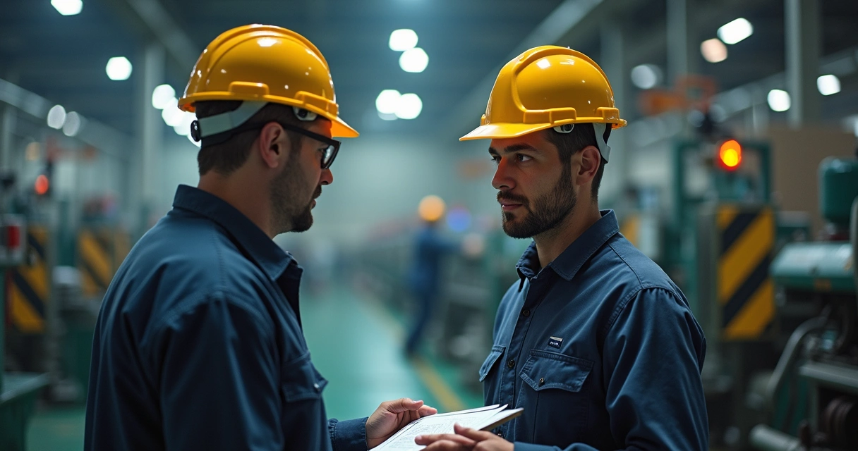 Fiscal do trabalho conversando com gerente em ambiente industrial, analisando documentos 