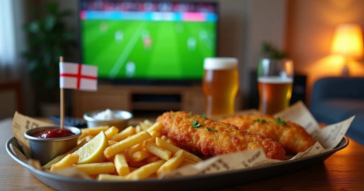 Fish and chips caseiro servido com bandeira da Inglaterra e clima de jogo 