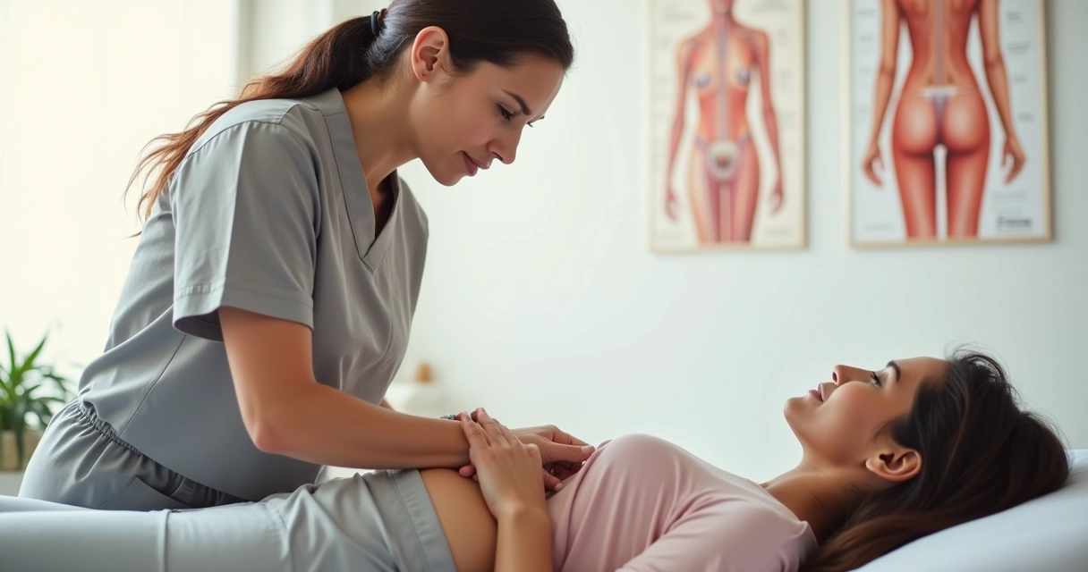 Fisioterapeuta avaliando paciente com dor abdominal feminina 