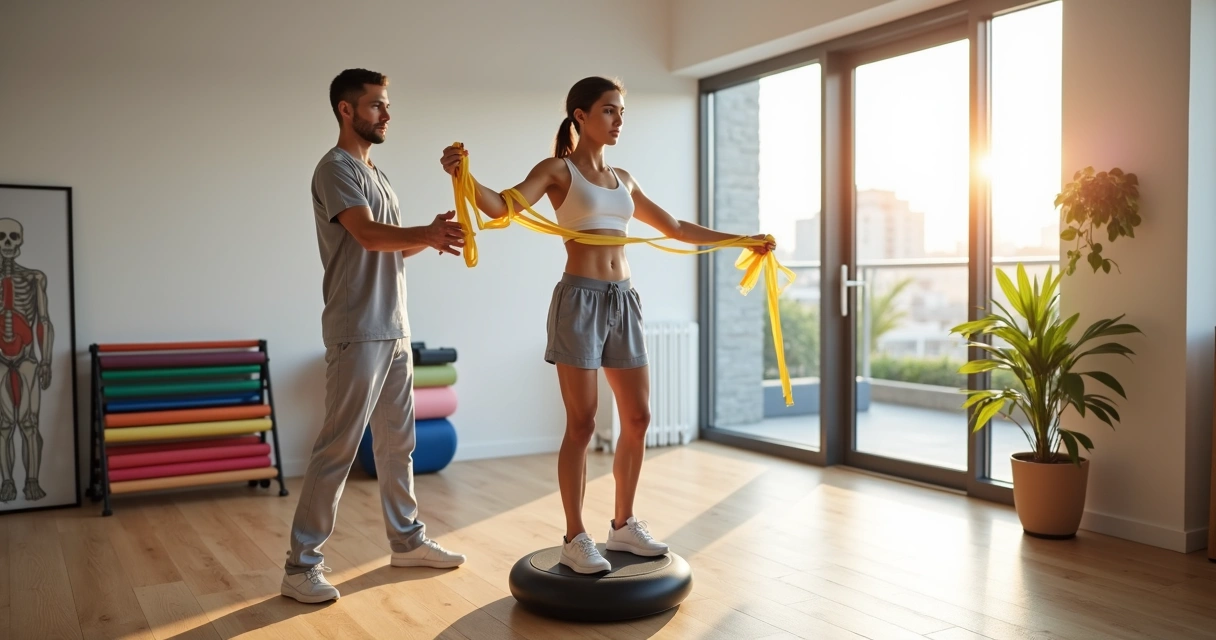 Fisioterapeuta orienta paciente em exercício funcional com faixas elásticas 