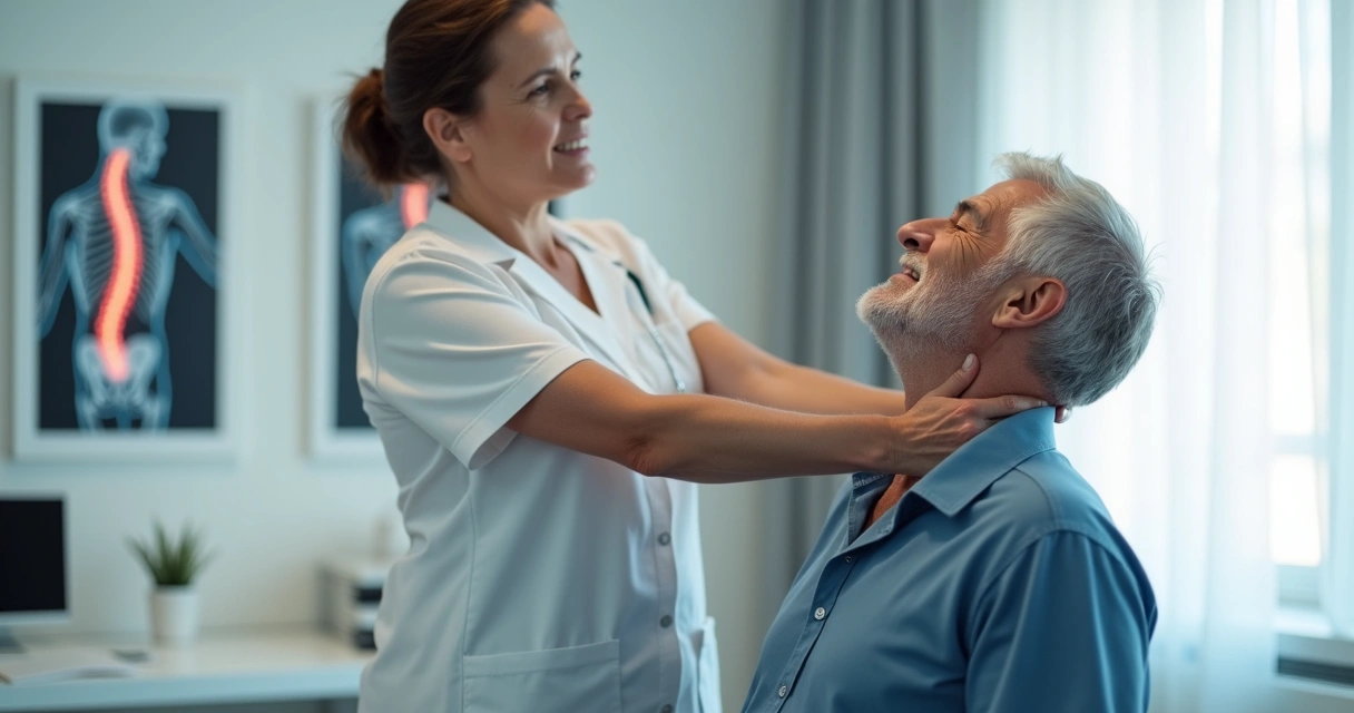 Fisioterapeuta e paciente realizando exercícios para cervicalgia 