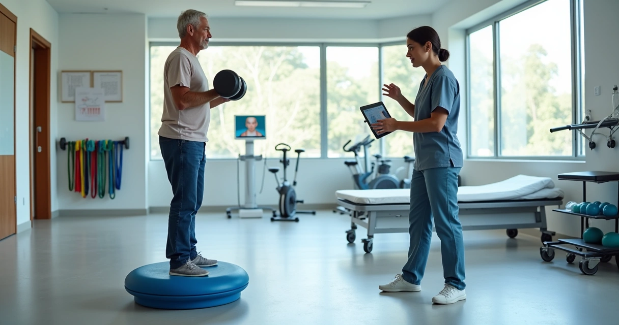 Paciente faz exercício funcional em clínica moderna de fisioterapia 