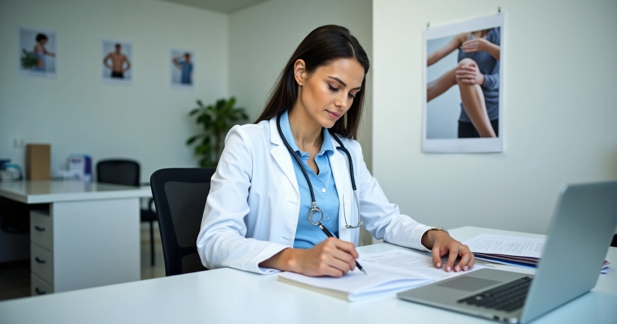 Fisioterapeuta em consultório realizando registro de documentos