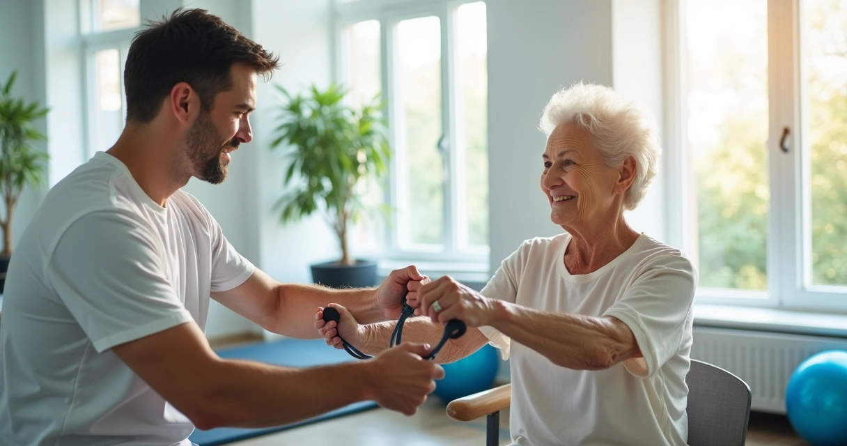 Fisioterapeuta orientando paciente idoso em exercícios para mobilidade articular 