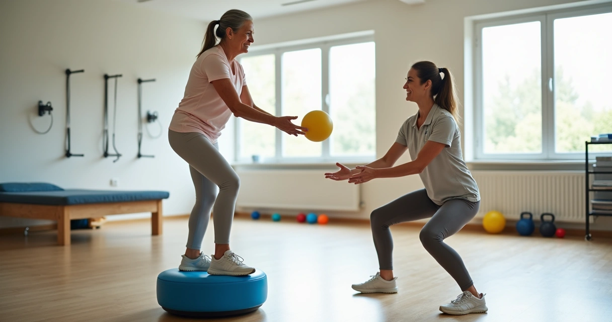 Fisioterapeuta orienta idosa em exercício de equilíbrio com bola e bosu 