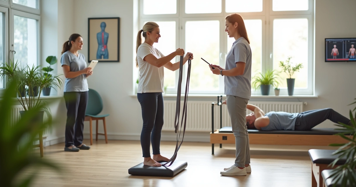 Idosa em fisioterapia funcional fazendo exercício orientado em sala moderna e acolhedora 