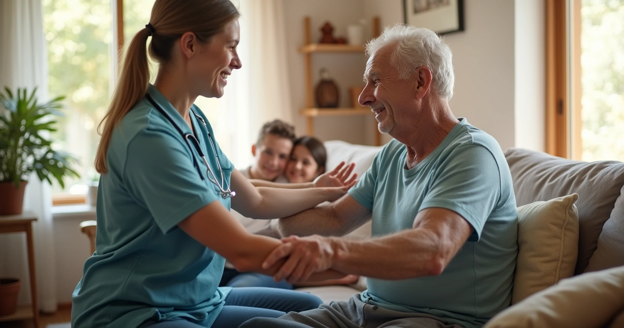 Profissional de fisioterapia atendendo paciente com sequelas de AVC em casa 