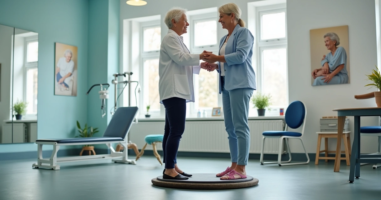 Sessão de fisioterapia para idosos trabalhando equilíbrio e prevenção de quedas 