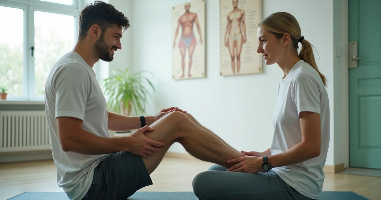 Exercício de fisioterapia para joelho com supervisão profissional 