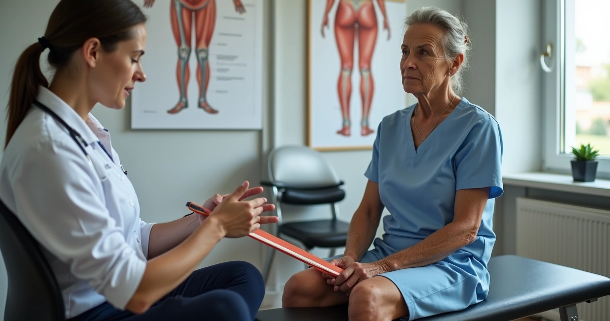 Paciente realizando exercício de fisioterapia para joelho com faixa elástica 