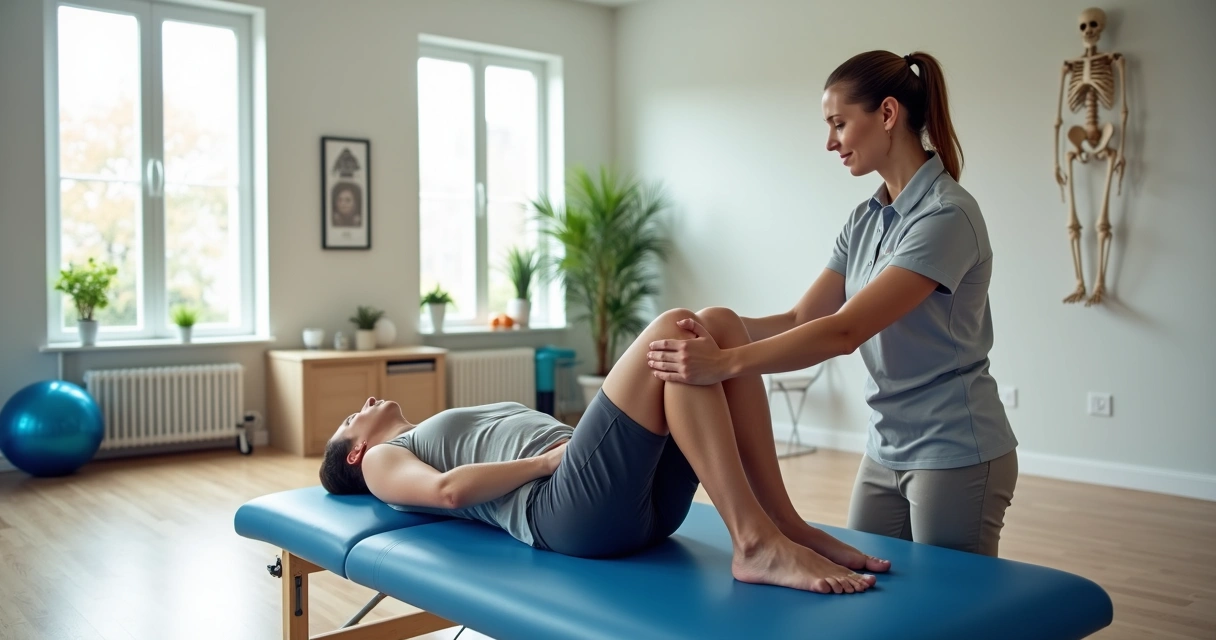 Paciente fazendo fisioterapia para joelho e quadril em clínica de reabilitação 