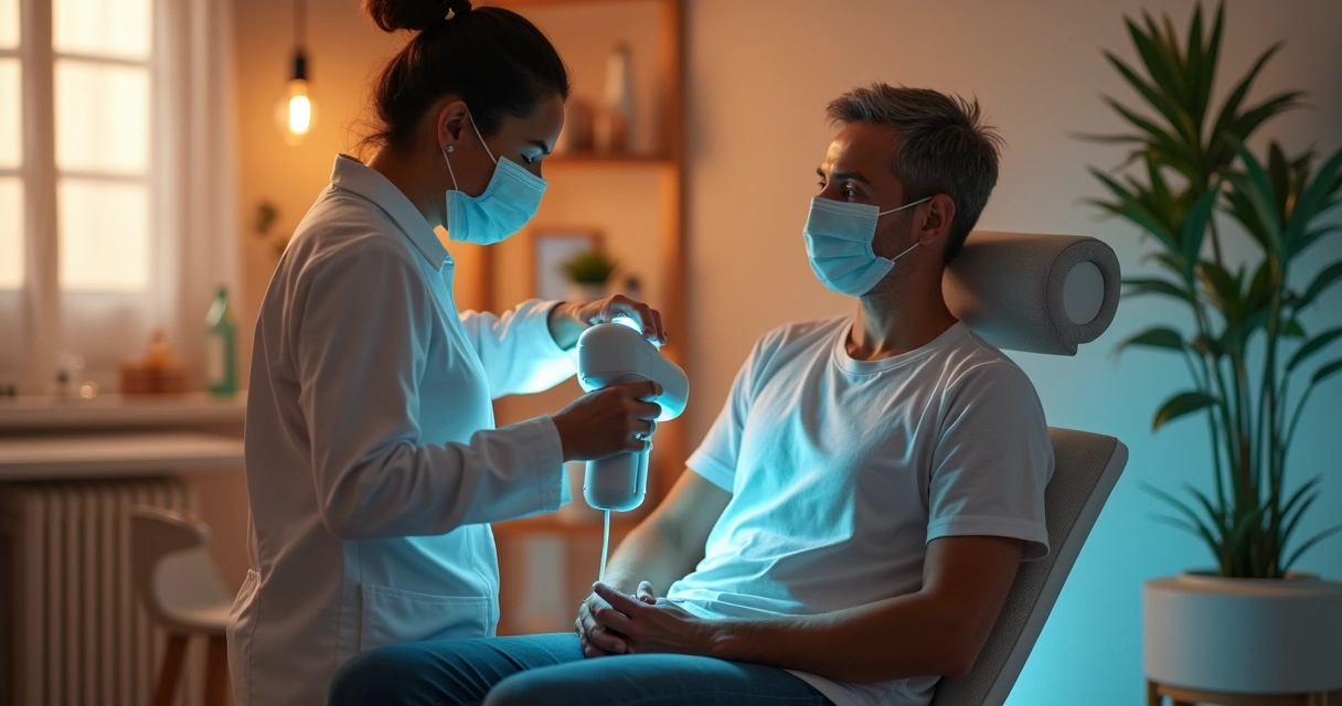 Profissional de fisioterapia aplicando tratamento moderno em paciente sentado em clínica moderna em Mirassol 