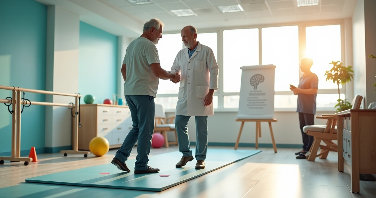 Fisioterapeuta ajudando idoso com parkinsonismo a caminhar em clínica de reabilitação neurológica 