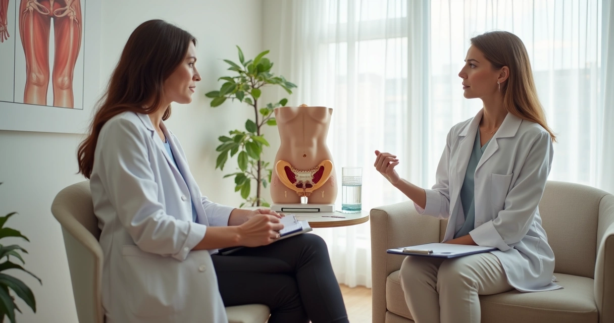 Profissional orientando fisioterapia pélvica em consultório 