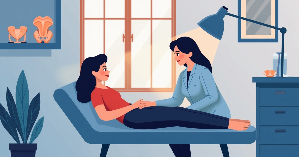 Mulher em sessão de fisioterapia pélvica com profissional. 