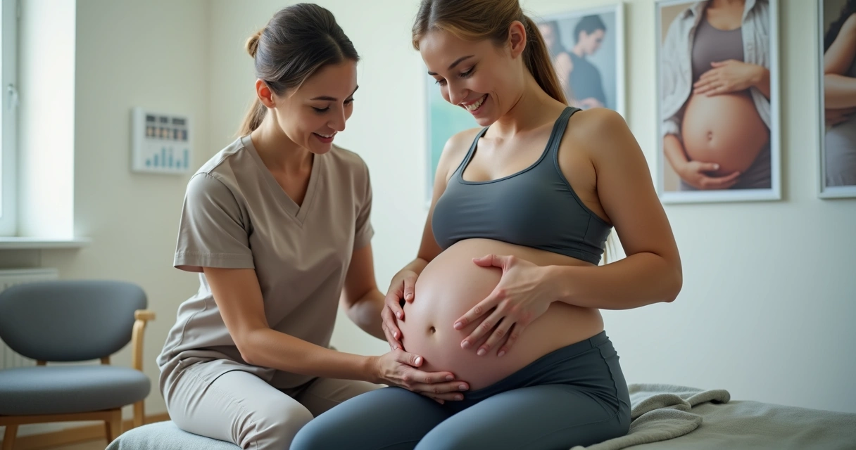 Fisioterapeuta realizando avaliação em gestante com as mãos sobre o quadril 