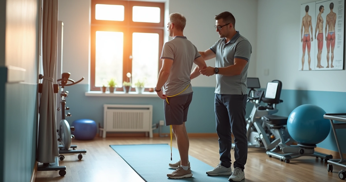 Fisioterapeuta orientando paciente em exercícios antes da cirurgia de quadril e joelho 