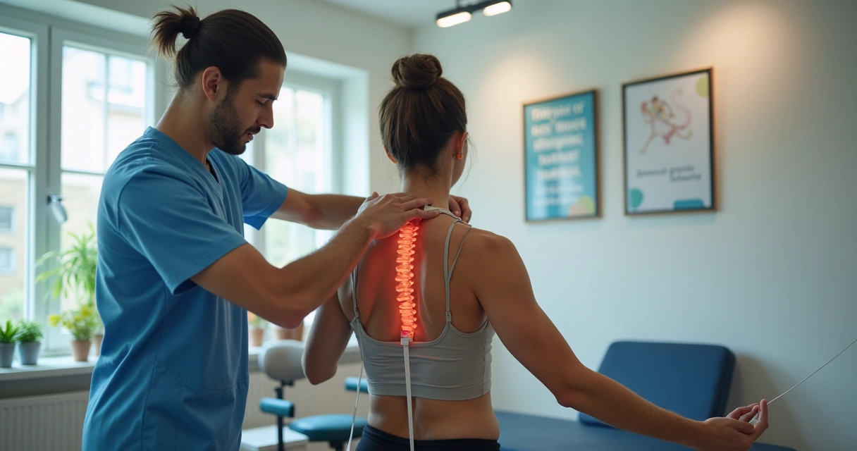 Profissional de fisioterapia orienta paciente com faixa elástica para coluna