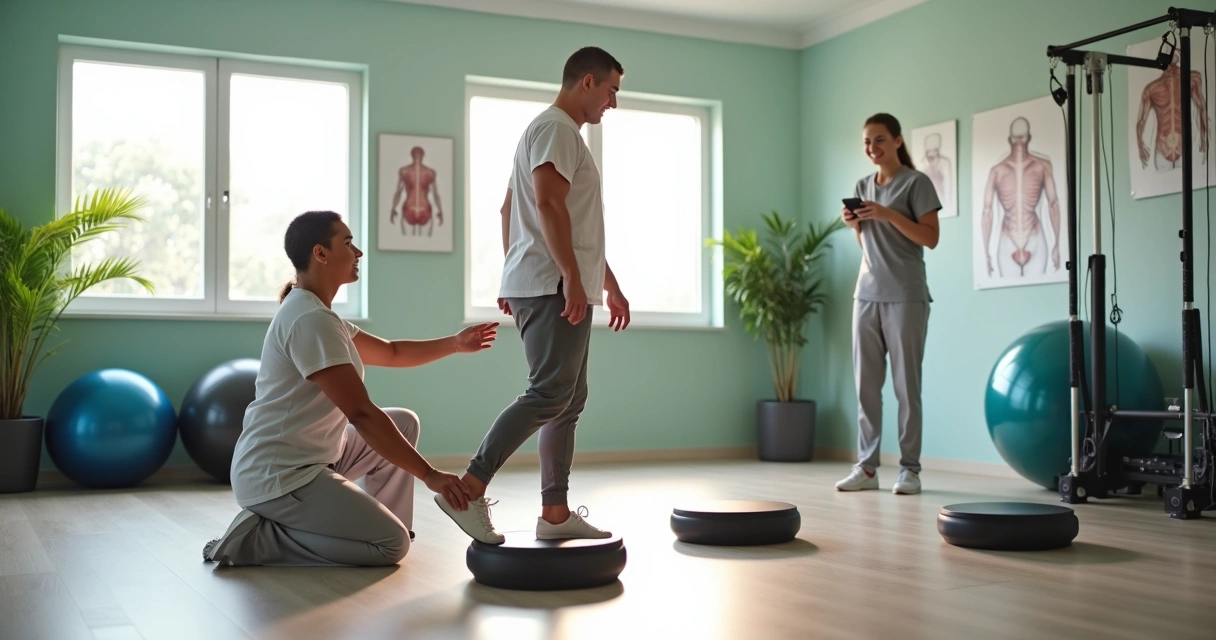 Equipe de fisioterapia ajudando paciente em circuito de reabilitação funcional 