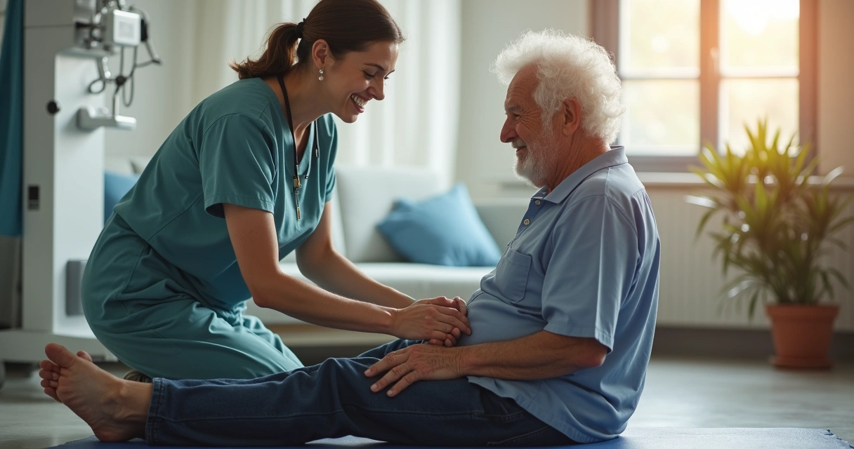 Fisioterapeuta auxiliando um idoso em exercícios de reabilitação