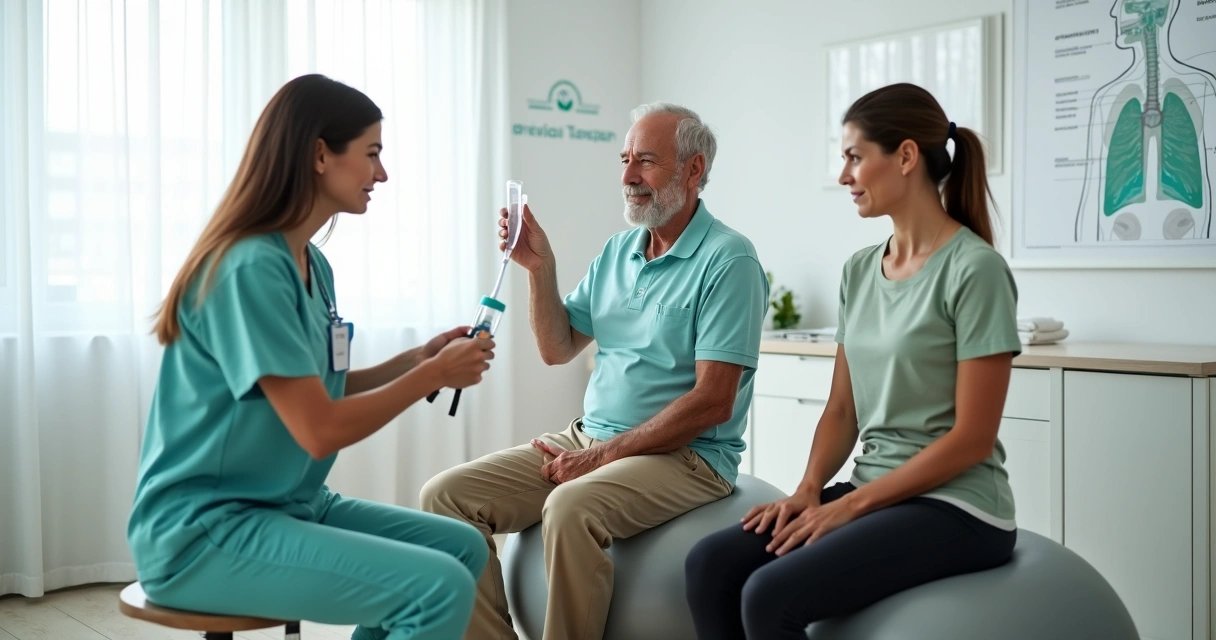 Fisioterapeuta orienta adulto e idoso em exercícios de fisioterapia respiratória com ventilômetro 
