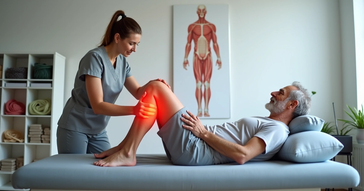 Pessoa madura fazendo exercícios de fisioterapia para tendinite no joelho com orientação profissional 