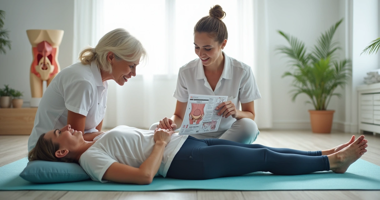 Mulher aprendendo exercícios de assoalho pélvico com fisioterapeuta em consultório. 