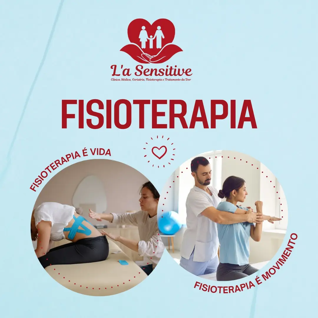 Duas imagens redondas mostrando sessões de fisioterapia com terapeuta ajudando pacientes em alongamento e tratamento