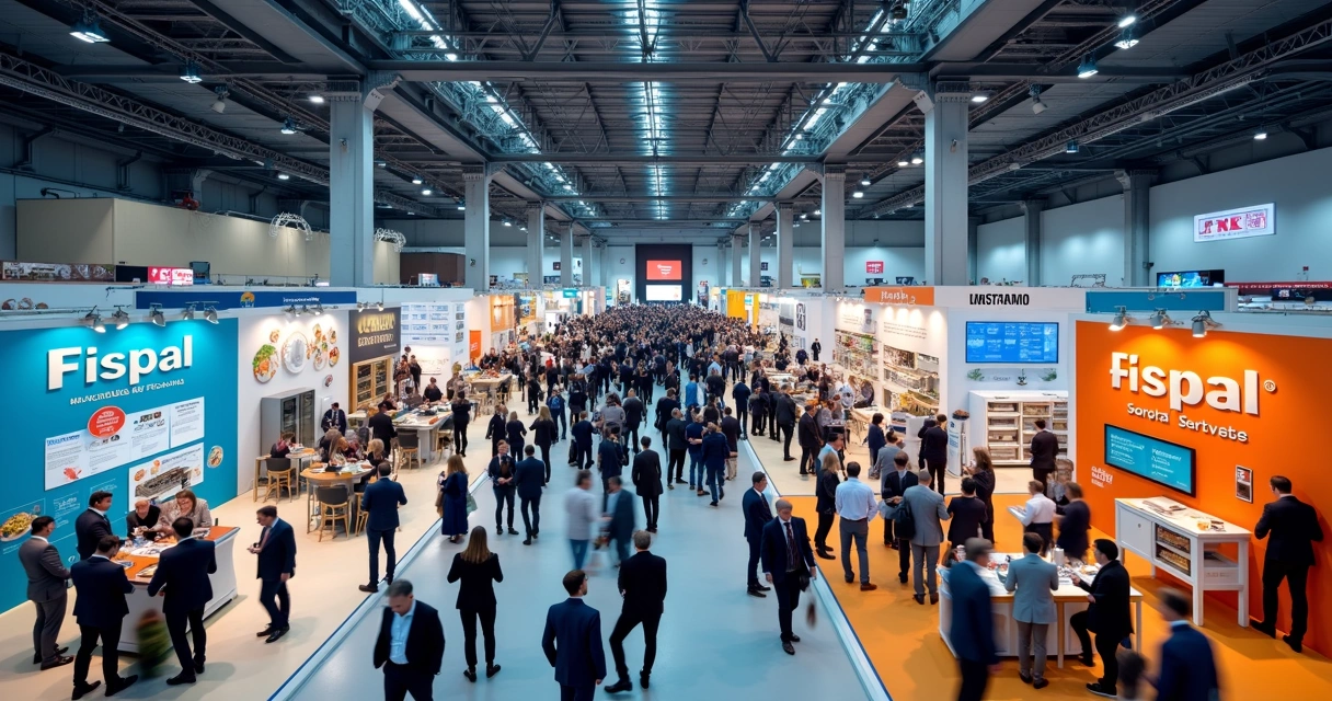 Vista aérea de feira Fispal Food Service com estandes cheios e público circulando 