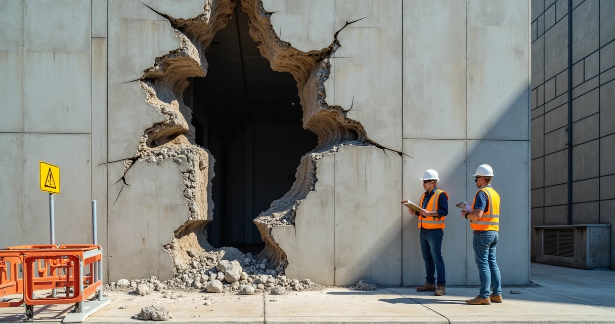 Fissura grande em uma parede de concreto estrutural 