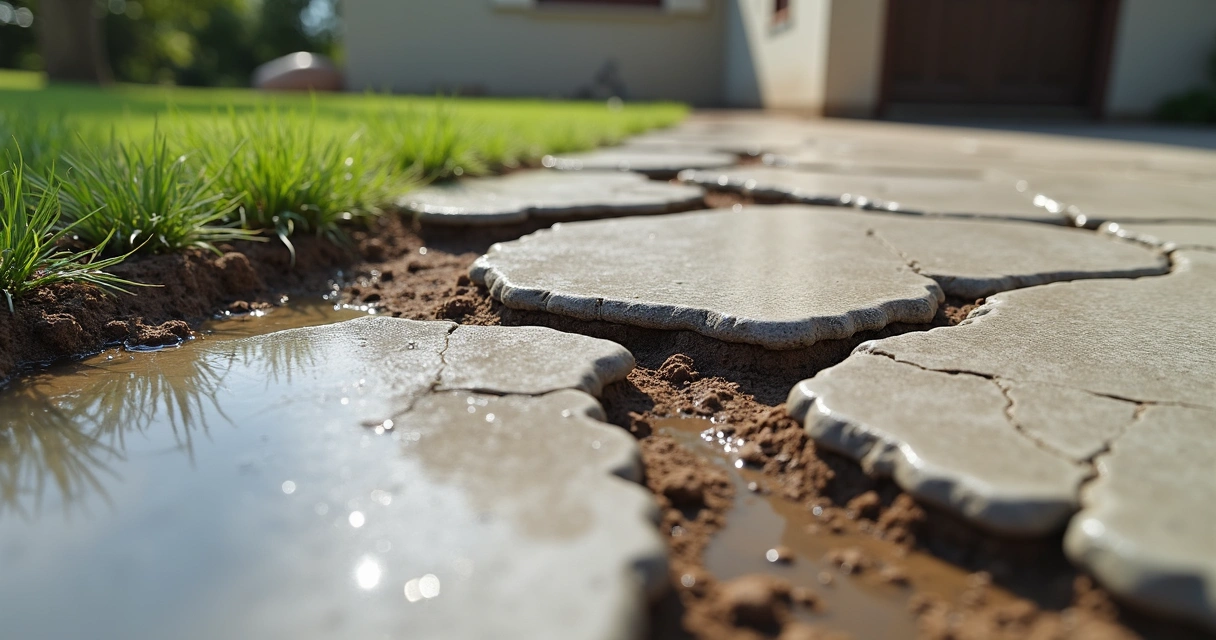 Fissuras diagonais em laje de concreto sobre solo úmido
