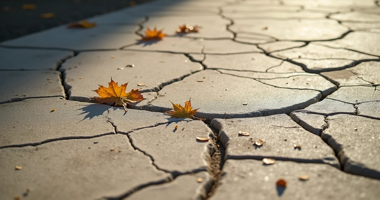 Fissuras na superfície de uma calçada de concreto exposto após cura inadequada