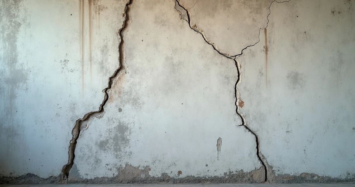 Fissura em parede de concreto mostrando rachaduras extensas 