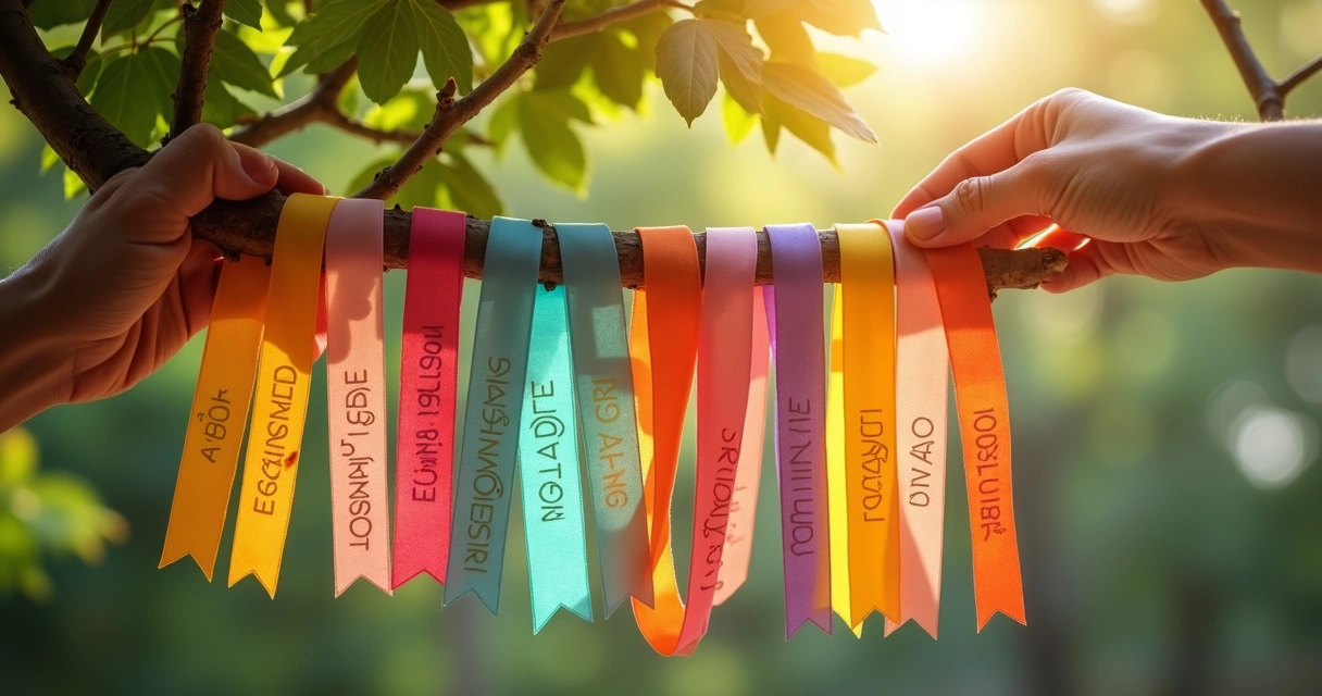 Fitas coloridas amarradas em galho de árvore, cada uma com uma palavra positiva escrita 